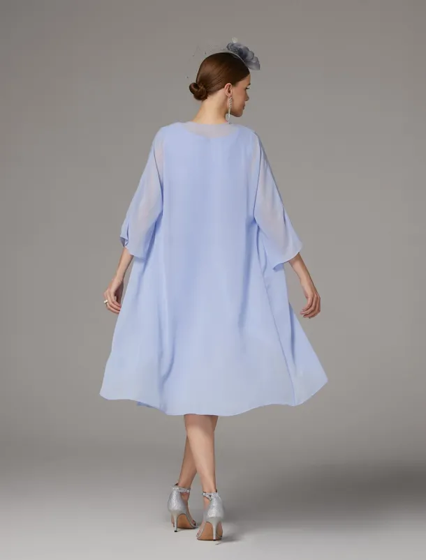 Beach Wedding Two Piece Sheath Mother of the Bride Dress Wedding Guest Elegant Jewel Neck Tea Length Chiffon Lace Sleeveless Jacket Dresses with Appliques free custom size