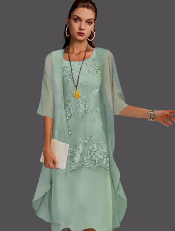 Beach Wedding Two Piece Sheath Mother of the Bride Dress Wedding Guest Elegant Jewel Neck Tea Length Chiffon Lace Sleeveless Jacket Dresses with Appliques free custom size
