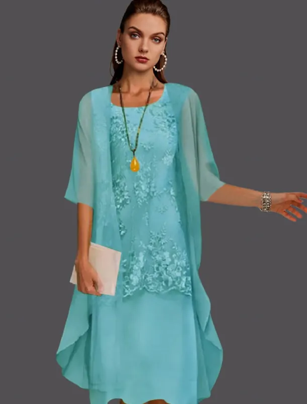 Beach Wedding Two Piece Sheath Mother of the Bride Dress Wedding Guest Elegant Jewel Neck Tea Length Chiffon Lace Sleeveless Jacket Dresses with Appliques free custom size