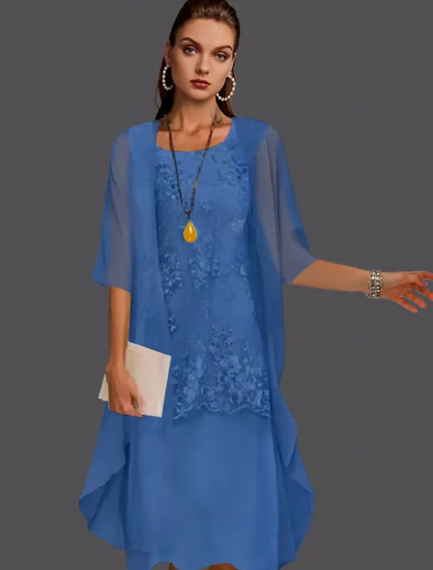 Beach Wedding Two Piece Sheath Mother of the Bride Dress Wedding Guest Elegant Jewel Neck Tea Length Chiffon Lace Sleeveless Jacket Dresses with Appliques free custom size