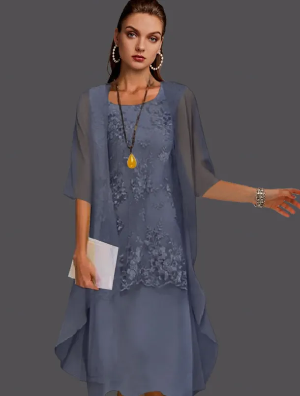 Beach Wedding Two Piece Sheath Mother of the Bride Dress Wedding Guest Elegant Jewel Neck Tea Length Chiffon Lace Sleeveless Jacket Dresses with Appliques free custom size