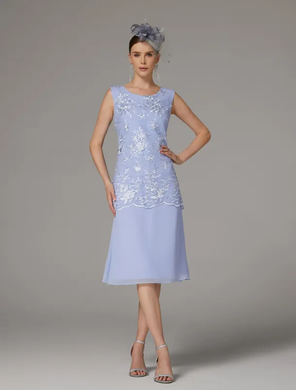 Beach Wedding Two Piece Sheath Mother of the Bride Dress Wedding Guest Elegant Jewel Neck Tea Length Chiffon Lace Sleeveless Jacket Dresses with Appliques free custom size