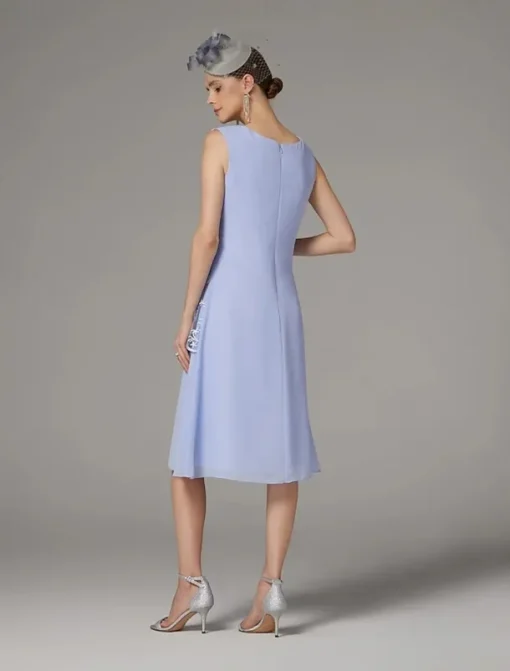 Beach Wedding Two Piece Sheath Mother of the Bride Dress Wedding Guest Elegant Jewel Neck Tea Length Chiffon Lace Sleeveless Jacket Dresses with Appliques free custom size