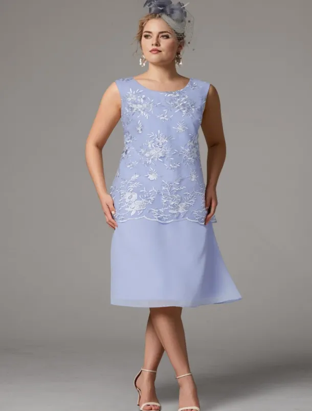 Beach Wedding Two Piece Sheath Mother of the Bride Dress Wedding Guest Elegant Jewel Neck Tea Length Chiffon Lace Sleeveless Jacket Dresses with Appliques free custom size