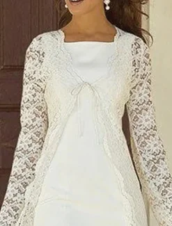 Beach Wedding Two Piece Sheath Mother of the Bride Dress Wedding Guest Church Elegant Square Neck Knee Length Chiffon Lace Sleeveless Jacket Dresses with Solid Color free custom size