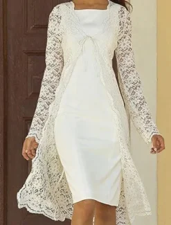 Beach Wedding Two Piece Sheath Mother of the Bride Dress Wedding Guest Church Elegant Square Neck Knee Length Chiffon Lace Sleeveless Jacket Dresses with Solid Color free custom size