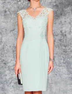 Beach Wedding Two Piece Sheath Mother of the Bride Dress Wedding Guest Church Elegant V Neck Knee Length Chiffon 3/4 Length Sleeve with Embroidery free custom size