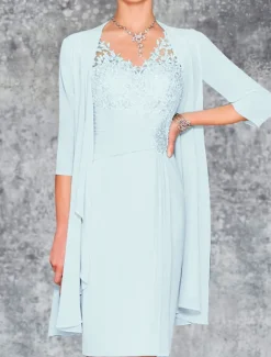 Beach Wedding Two Piece Sheath Mother of the Bride Dress Wedding Guest Church Elegant V Neck Knee Length Chiffon 3/4 Length Sleeve with Embroidery free custom size