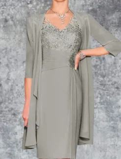 Beach Wedding Two Piece Sheath Mother of the Bride Dress Wedding Guest Church Elegant V Neck Knee Length Chiffon 3/4 Length Sleeve with Embroidery free custom size