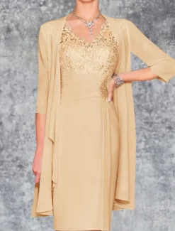 Beach Wedding Two Piece Sheath Mother of the Bride Dress Wedding Guest Church Elegant V Neck Knee Length Chiffon 3/4 Length Sleeve with Embroidery free custom size