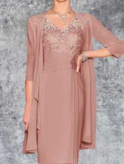 Beach Wedding Two Piece Sheath Mother of the Bride Dress Wedding Guest Church Elegant V Neck Knee Length Chiffon 3/4 Length Sleeve with Embroidery free custom size