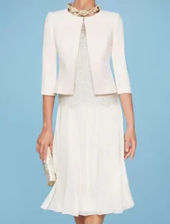 Beach Wedding Two Piece Sheath Mother of the Bride Dress Wedding Guest Church Elegant Jewel Chiffon Satin Lace Short Jacket Dresses with Appliques Race Day Dress