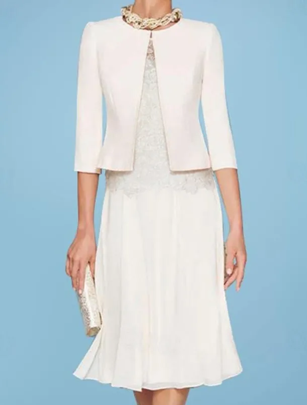 Beach Wedding Two Piece Sheath Mother of the Bride Dress Wedding Guest Church Elegant Jewel Chiffon Satin Lace Short Jacket Dresses with Appliques Race Day Dress