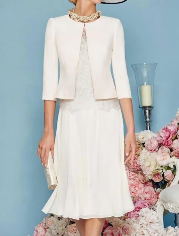 Beach Wedding Two Piece Sheath Mother of the Bride Dress Wedding Guest Church Elegant Jewel Chiffon Satin Lace Short Jacket Dresses with Appliques Race Day Dress