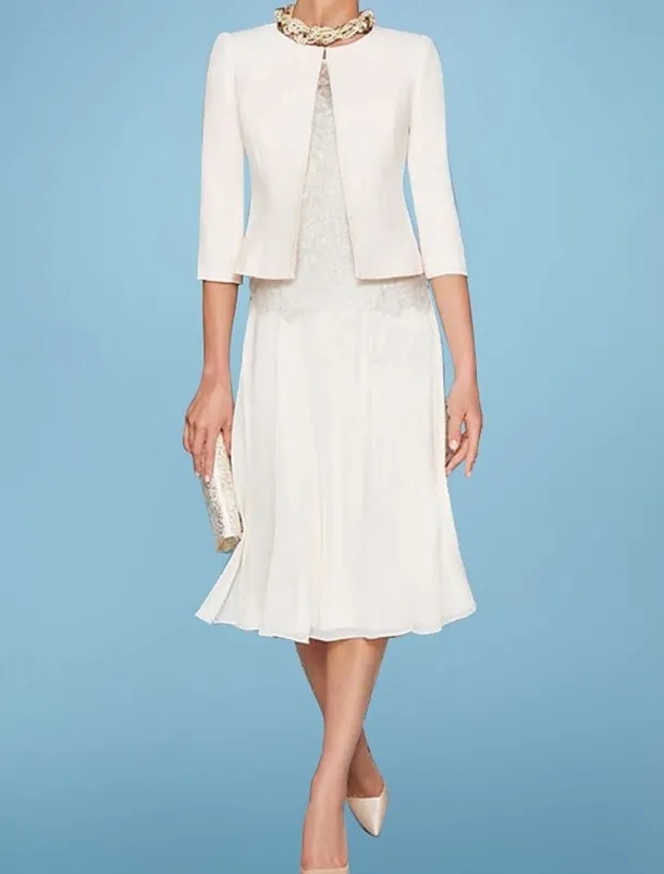 Beach Wedding Two Piece Sheath Mother of the Bride Dress Wedding Guest Church Elegant Jewel Chiffon Satin Lace Short Jacket Dresses with Appliques Race Day Dress
