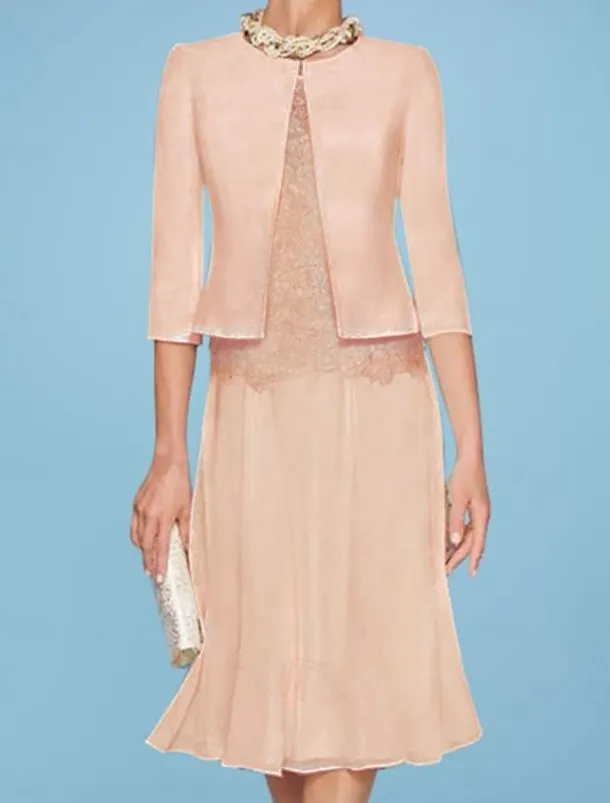 Beach Wedding Two Piece Sheath Mother of the Bride Dress Wedding Guest Church Elegant Jewel Chiffon Satin Lace Short Jacket Dresses with Appliques Race Day Dress