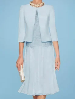 Beach Wedding Two Piece Sheath Mother of the Bride Dress Wedding Guest Church Elegant Jewel Chiffon Satin Lace Short Jacket Dresses with Appliques Race Day Dress