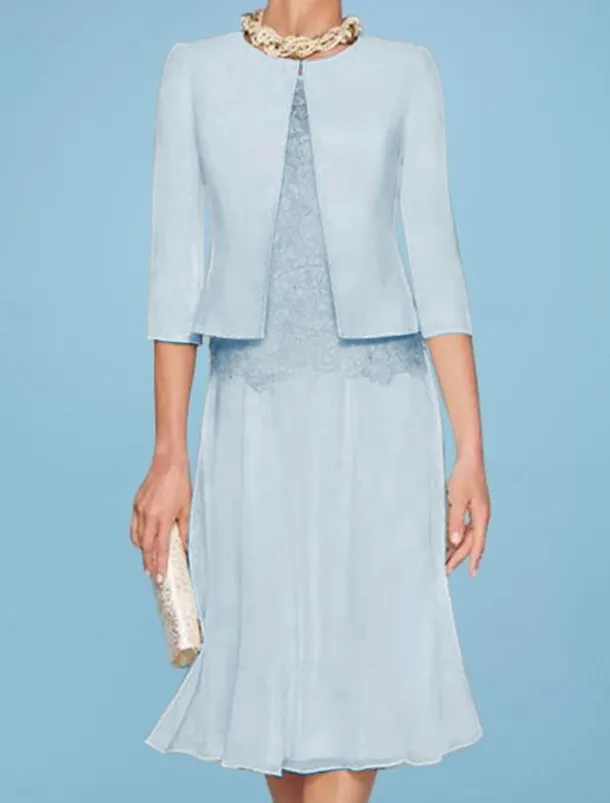 Beach Wedding Two Piece Sheath Mother of the Bride Dress Wedding Guest Church Elegant Jewel Chiffon Satin Lace Short Jacket Dresses with Appliques Race Day Dress