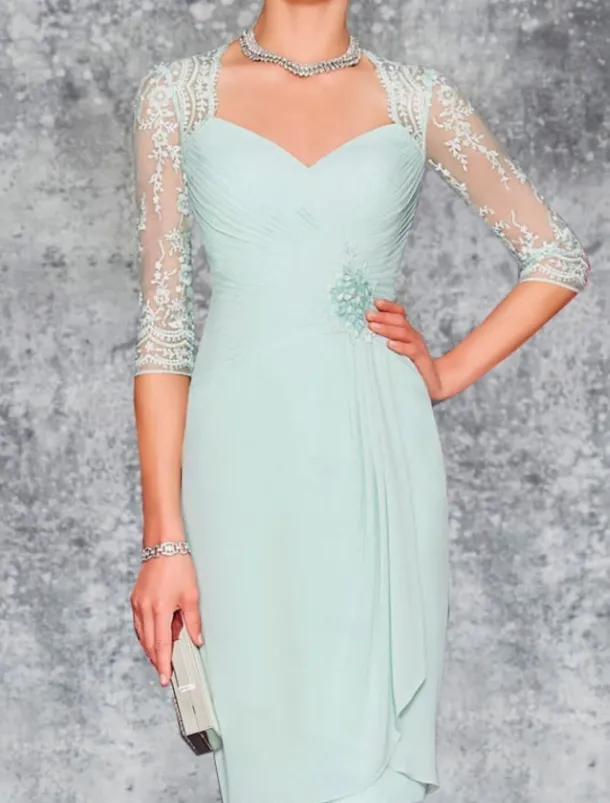 Beach Wedding Two Piece Sheath Mother of the Bride Dress Wedding Guest Elegant Plus Size Sweetheart Knee Length Chiffon Lace 3/4 Length Sleeve Wrap Included Jacket Dresses with Pleats Embroidery