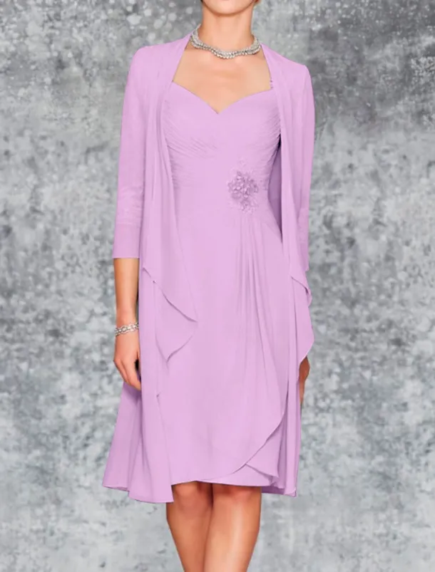 Beach Wedding Two Piece Sheath Mother of the Bride Dress Wedding Guest Elegant Plus Size Sweetheart Knee Length Chiffon Lace 3/4 Length Sleeve Wrap Included Jacket Dresses with Pleats Embroidery