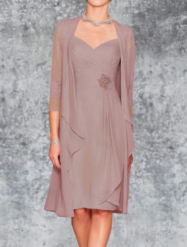 Beach Wedding Two Piece Sheath Mother of the Bride Dress Wedding Guest Elegant Plus Size Sweetheart Knee Length Chiffon Lace 3/4 Length Sleeve Wrap Included Jacket Dresses with Pleats Embroidery