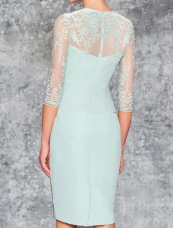 Beach Wedding Two Piece Sheath Mother of the Bride Dress Wedding Guest Elegant Plus Size Sweetheart Knee Length Chiffon Lace 3/4 Length Sleeve Wrap Included Jacket Dresses with Pleats Embroidery