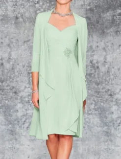 Beach Wedding Two Piece Sheath Mother of the Bride Dress Wedding Guest Elegant Plus Size Sweetheart Knee Length Chiffon Lace 3/4 Length Sleeve Wrap Included Jacket Dresses with Pleats Embroidery
