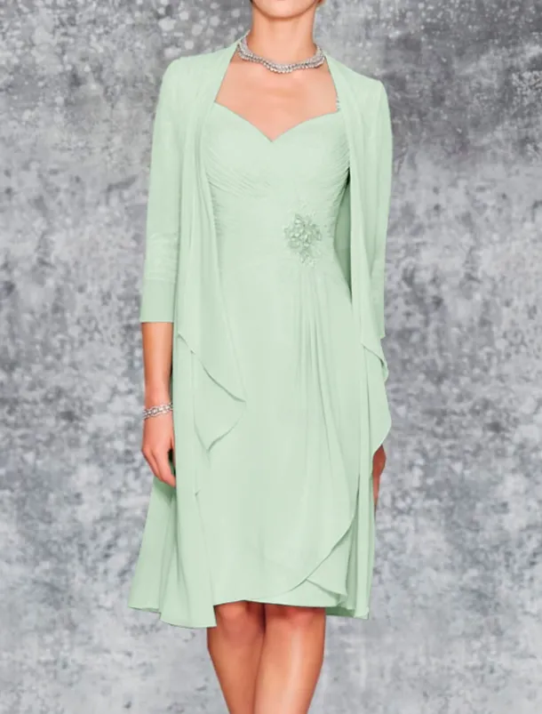Beach Wedding Two Piece Sheath Mother of the Bride Dress Wedding Guest Elegant Plus Size Sweetheart Knee Length Chiffon Lace 3/4 Length Sleeve Wrap Included Jacket Dresses with Pleats Embroidery