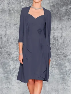 Beach Wedding Two Piece Sheath Mother of the Bride Dress Wedding Guest Elegant Plus Size Sweetheart Knee Length Chiffon Lace 3/4 Length Sleeve Wrap Included Jacket Dresses with Pleats Embroidery