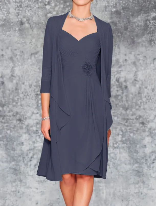 Beach Wedding Two Piece Sheath Mother of the Bride Dress Wedding Guest Elegant Plus Size Sweetheart Knee Length Chiffon Lace 3/4 Length Sleeve Wrap Included Jacket Dresses with Pleats Embroidery