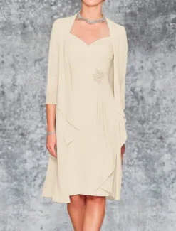 Beach Wedding Two Piece Sheath Mother of the Bride Dress Wedding Guest Elegant Plus Size Sweetheart Knee Length Chiffon Lace 3/4 Length Sleeve Wrap Included Jacket Dresses with Pleats Embroidery