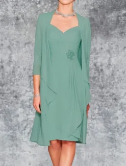 Beach Wedding Two Piece Sheath Mother of the Bride Dress Wedding Guest Elegant Plus Size Sweetheart Knee Length Chiffon Lace 3/4 Length Sleeve Wrap Included Jacket Dresses with Pleats Embroidery