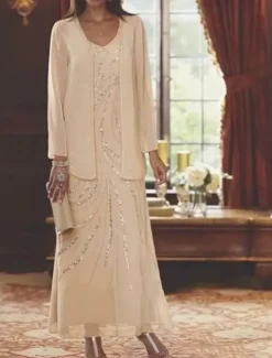 Beach Wedding Two Piece Sheath Mother of the Bride Dress Wedding Guest Elegant Sparkle & Shine V Neck Ankle Length Chiffon Sequined Long Sleeve with Sequin free custom size