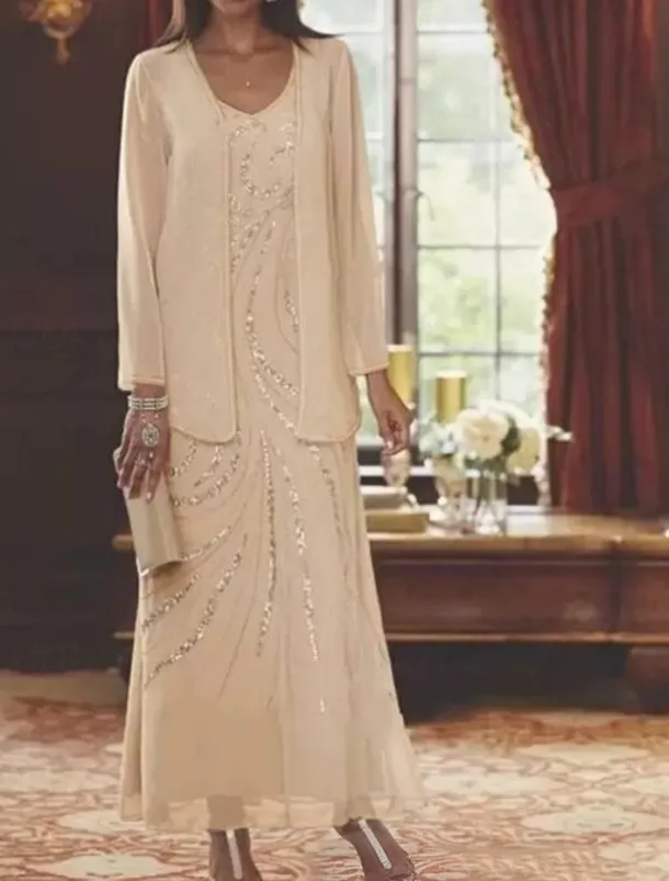 Beach Wedding Two Piece Sheath Mother of the Bride Dress Wedding Guest Elegant Sparkle & Shine V Neck Ankle Length Chiffon Sequined Long Sleeve with Sequin free custom size