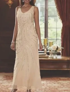 Beach Wedding Two Piece Sheath Mother of the Bride Dress Wedding Guest Elegant Sparkle & Shine V Neck Ankle Length Chiffon Sequined Long Sleeve with Sequin free custom size