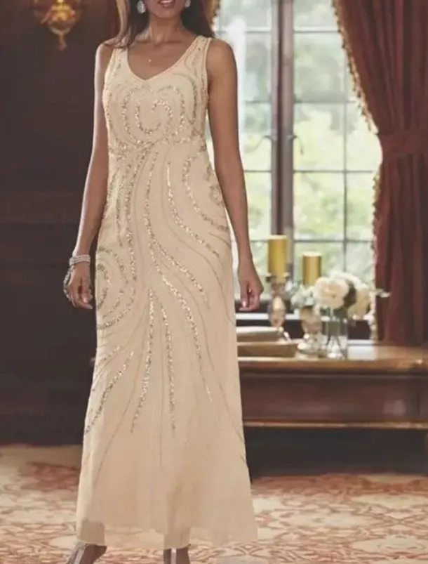 Beach Wedding Two Piece Sheath Mother of the Bride Dress Wedding Guest Elegant Sparkle & Shine V Neck Ankle Length Chiffon Sequined Long Sleeve with Sequin free custom size