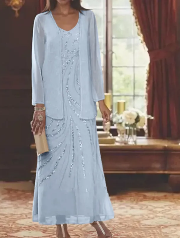Beach Wedding Two Piece Sheath Mother of the Bride Dress Wedding Guest Elegant Sparkle & Shine V Neck Ankle Length Chiffon Sequined Long Sleeve with Sequin free custom size