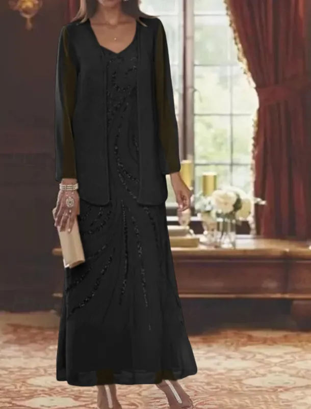Beach Wedding Two Piece Sheath Mother of the Bride Dress Wedding Guest Elegant Sparkle & Shine V Neck Ankle Length Chiffon Sequined Long Sleeve with Sequin free custom size