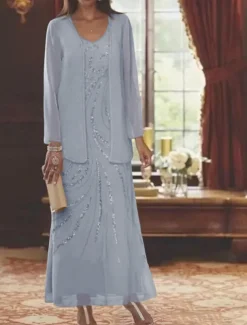 Beach Wedding Two Piece Sheath Mother of the Bride Dress Wedding Guest Elegant Sparkle & Shine V Neck Ankle Length Chiffon Sequined Long Sleeve with Sequin free custom size