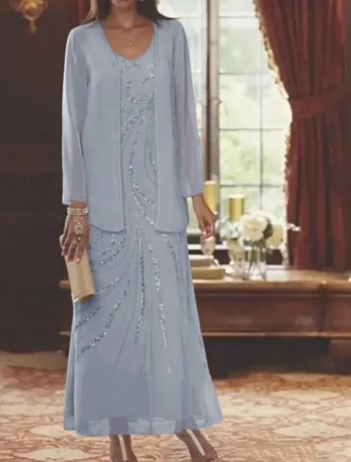 Beach Wedding Two Piece Sheath Mother of the Bride Dress Wedding Guest Elegant Sparkle & Shine V Neck Ankle Length Chiffon Sequined Long Sleeve with Sequin free custom size