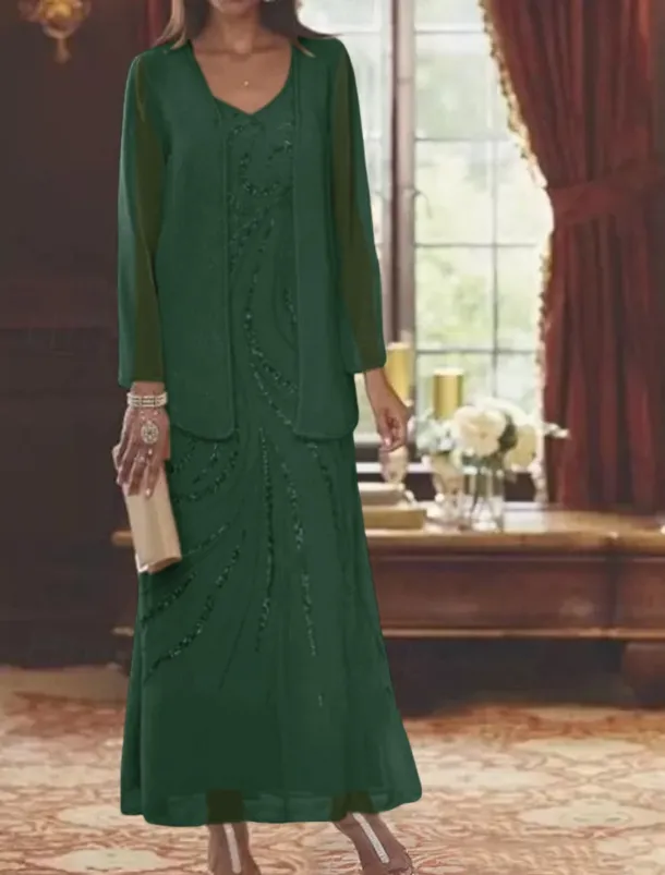 Beach Wedding Two Piece Sheath Mother of the Bride Dress Wedding Guest Elegant Sparkle & Shine V Neck Ankle Length Chiffon Sequined Long Sleeve with Sequin free custom size