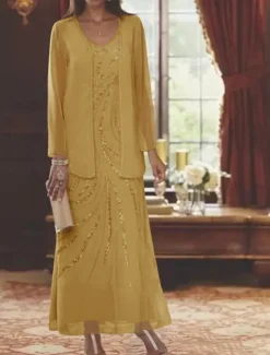 Beach Wedding Two Piece Sheath Mother of the Bride Dress Wedding Guest Elegant Sparkle & Shine V Neck Ankle Length Chiffon Sequined Long Sleeve with Sequin free custom size