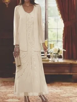 Beach Wedding Two Piece Sheath Mother of the Bride Dress Wedding Guest Elegant Sparkle & Shine V Neck Ankle Length Chiffon Sequined Long Sleeve with Sequin free custom size