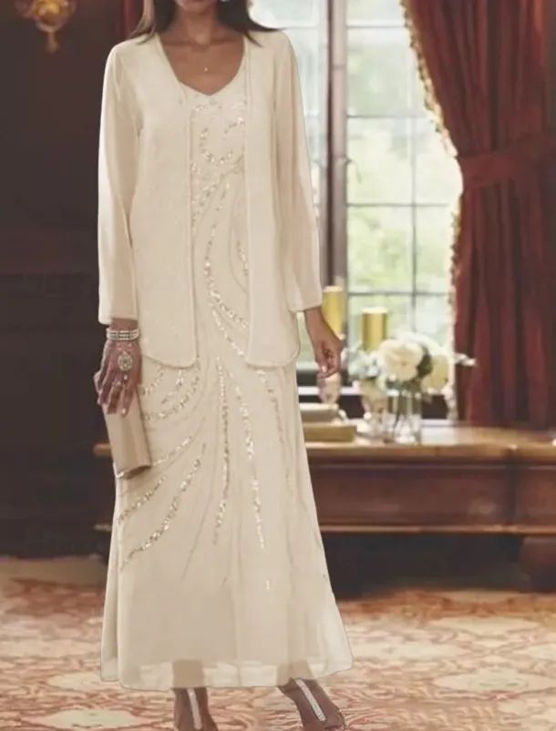 Beach Wedding Two Piece Sheath Mother of the Bride Dress Wedding Guest Elegant Sparkle & Shine V Neck Ankle Length Chiffon Sequined Long Sleeve with Sequin free custom size