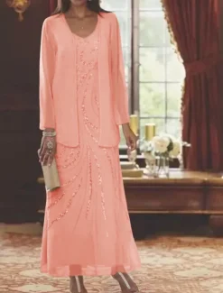 Beach Wedding Two Piece Sheath Mother of the Bride Dress Wedding Guest Elegant Sparkle & Shine V Neck Ankle Length Chiffon Sequined Long Sleeve with Sequin free custom size