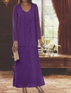 Beach Wedding Two Piece Sheath Mother of the Bride Dress Wedding Guest Elegant Sparkle & Shine V Neck Ankle Length Chiffon Sequined Long Sleeve with Sequin free custom size