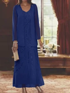 Beach Wedding Two Piece Sheath Mother of the Bride Dress Wedding Guest Elegant Sparkle & Shine V Neck Ankle Length Chiffon Sequined Long Sleeve with Sequin free custom size