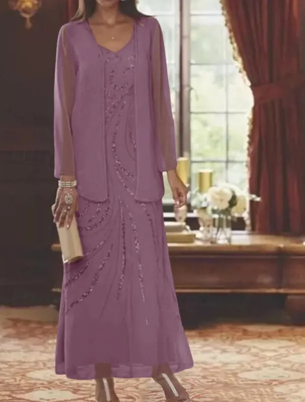 Beach Wedding Two Piece Sheath Mother of the Bride Dress Wedding Guest Elegant Sparkle & Shine V Neck Ankle Length Chiffon Sequined Long Sleeve with Sequin free custom size
