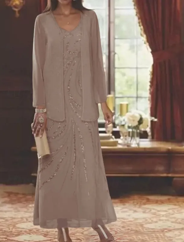 Beach Wedding Two Piece Sheath Mother of the Bride Dress Wedding Guest Elegant Sparkle & Shine V Neck Ankle Length Chiffon Sequined Long Sleeve with Sequin free custom size