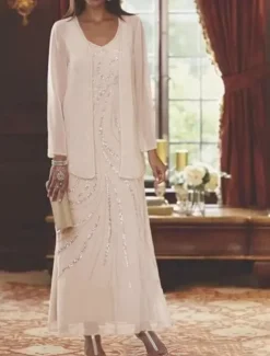 Beach Wedding Two Piece Sheath Mother of the Bride Dress Wedding Guest Elegant Sparkle & Shine V Neck Ankle Length Chiffon Sequined Long Sleeve with Sequin free custom size